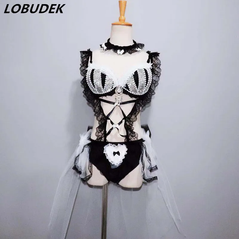 

Rave Party Sexy Women Dance Costume Bling Rhinestones Pearls Bikini Sets Performance Female DJ Singer Nightclub Stage Outfits