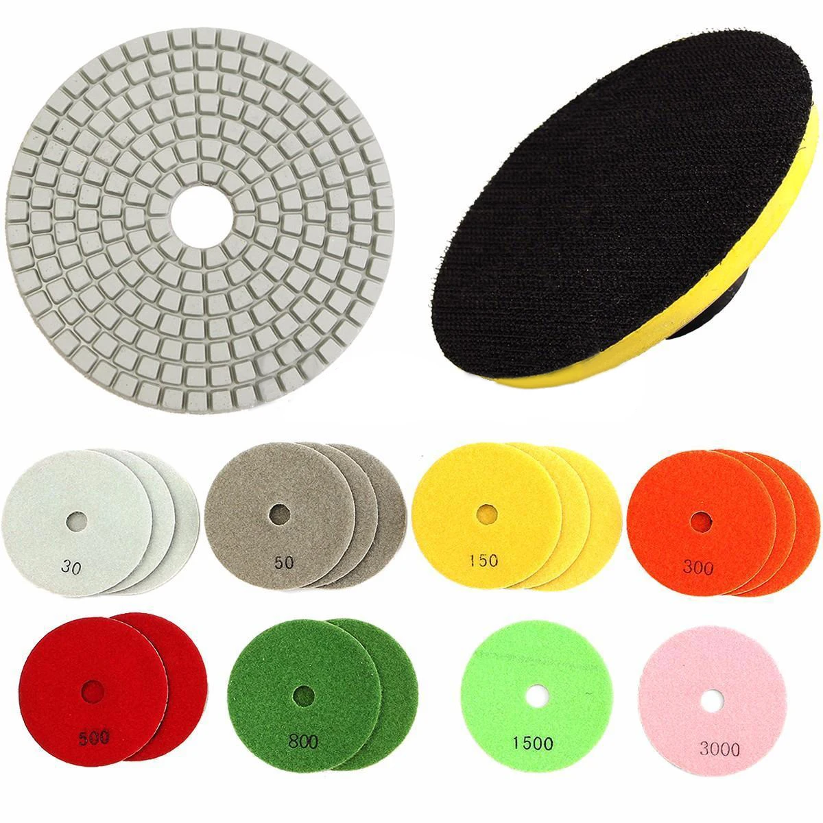 19pcs(30/50/150/300/500/800/1500/3000) New 4 inch Diamond Polishing Pad Set Granite Marble Concrete Stone Wet/Dry