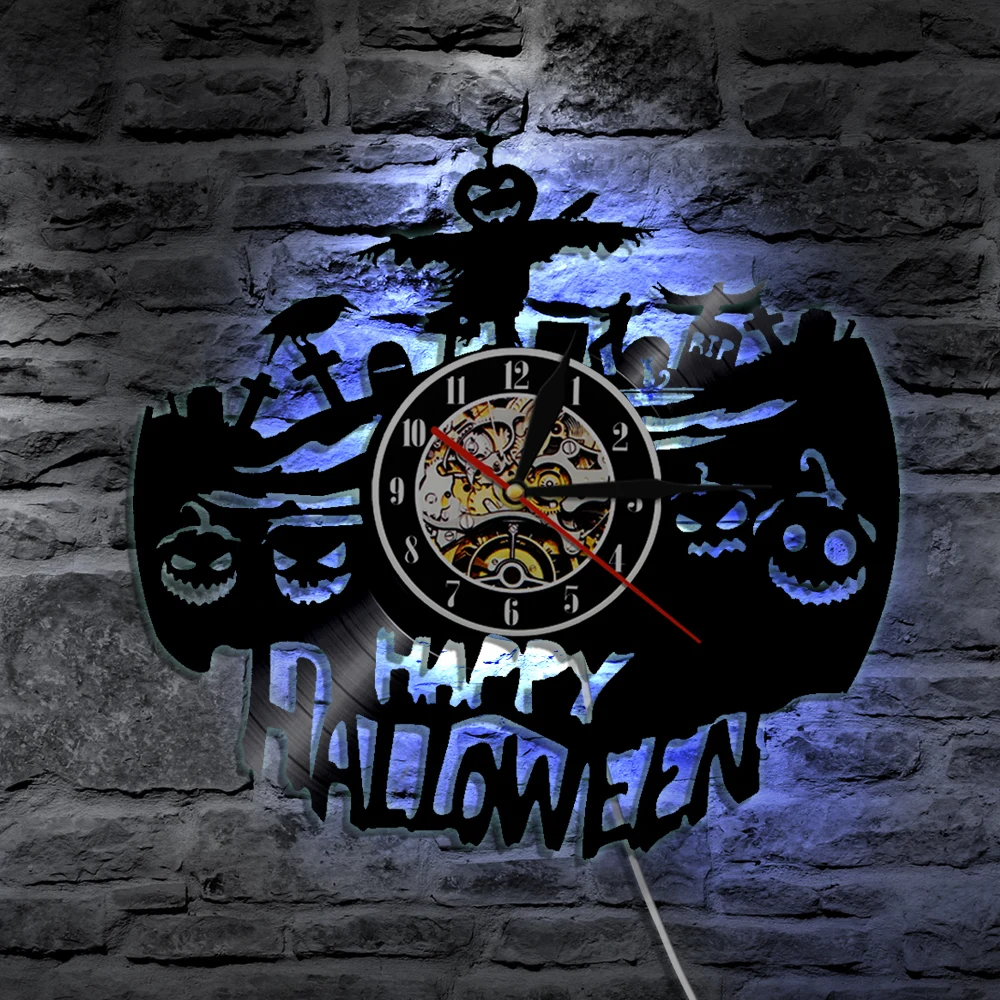 Happy Halloween Vinyl Record Wall Clock Glow in Dark Halloween Led Lighting Wall Lamp Vintage Handmade Gift For Kids