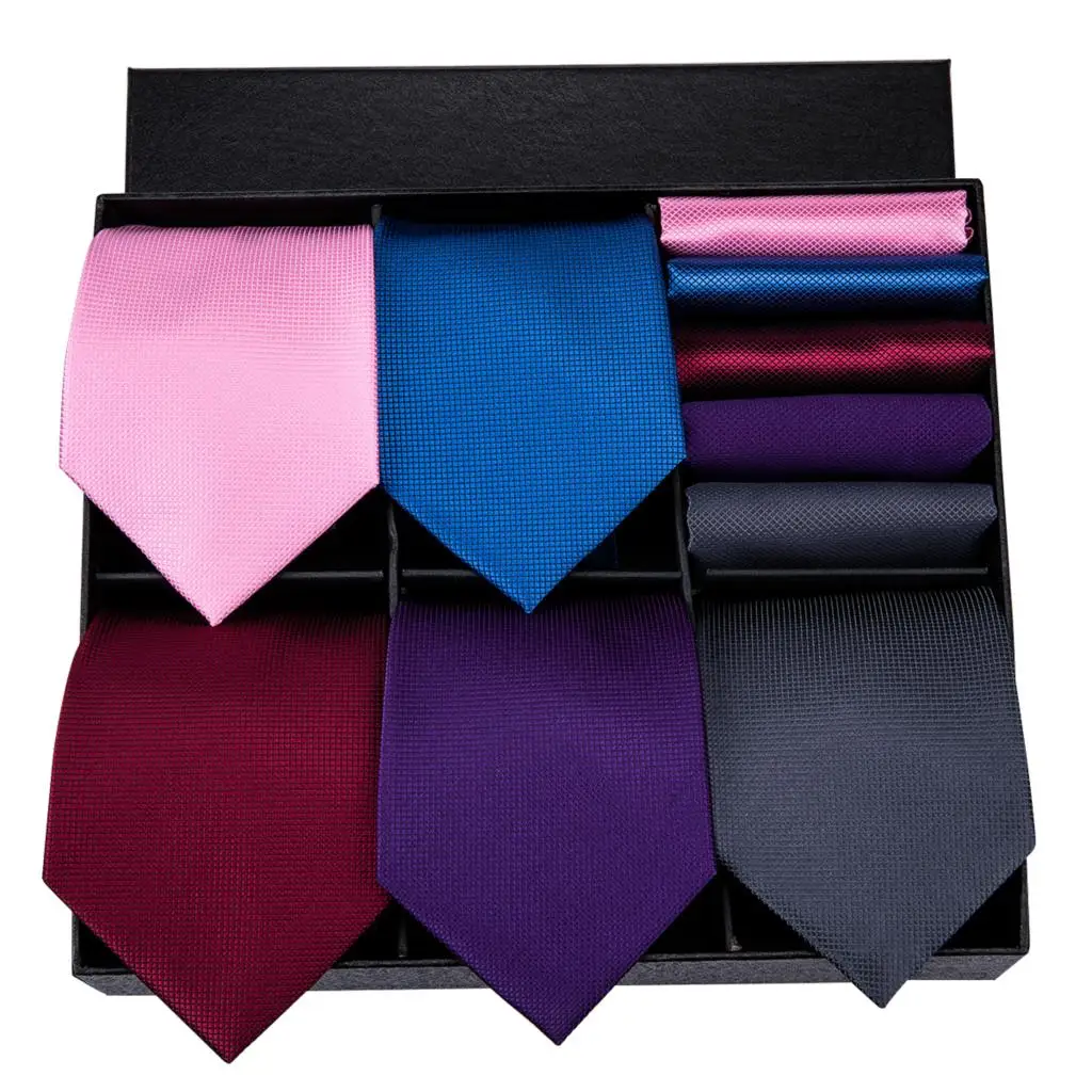 Hi-Tie 5 pieces Necktie Pocket Square Cufflinks Set Solid Pattern Business Style Necktie Box Set As Gift