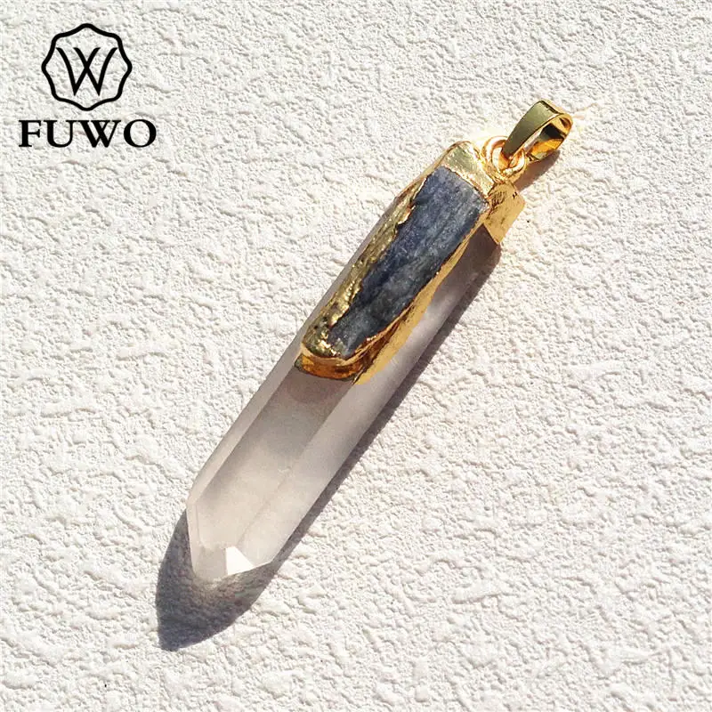 FUWO Wholesale Natural Crystal Quartz Point Pendant With Kyanite Charm,Golden Plated Stone Accessory For Jewelry Make 5Pcs PD038