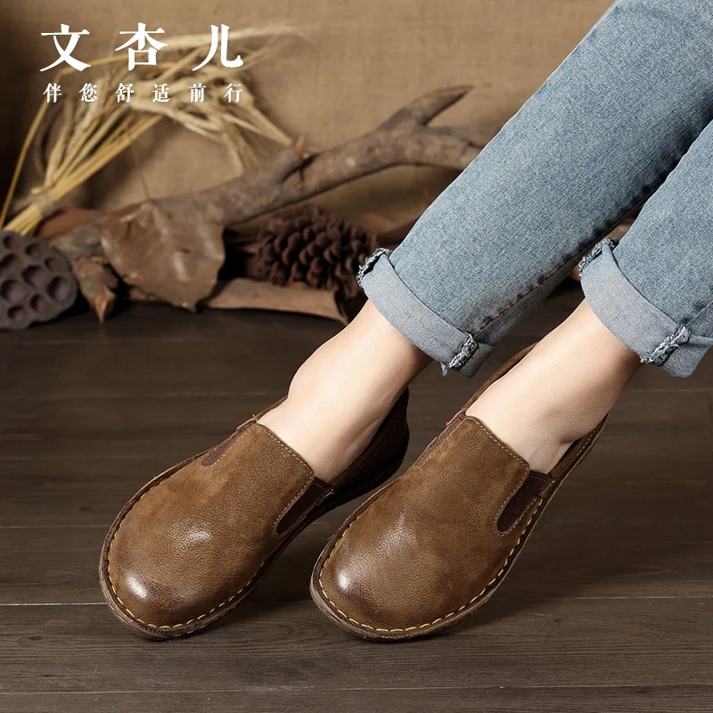 Whensinger -2023 Genuine Leather Women's Flat Shoes Casual Loafers Slip On Women Shoes Flats Soft Moccasins Lady Driving Shoes