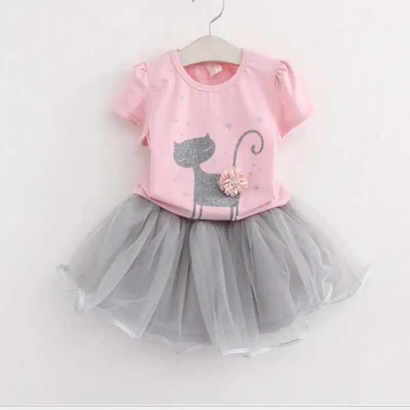 

2019 Casual Short New Top Summer Baby Girls Clothing Sets Style Cartoon Kitten Printed T-shirts+net Veil Dress 2pcs Clothes1-6y