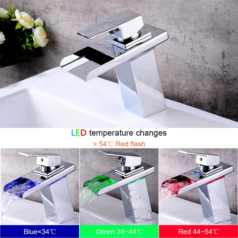 ROVATE LED Basin Faucet  Watefall Sink Taps Colors Change with Temperature Bathroom Mixer Brass