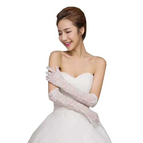 Imagen 2 del producto Guantes elegantes de novia para mujer, color rojo marfil y negro, longitud hasta el codo, encaje con dedos completos, accesorios de boda, guantes para fiesta de graduación