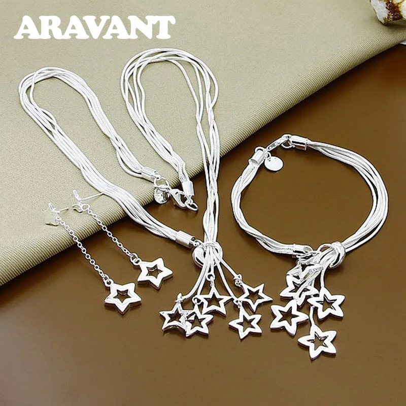 

New Fashion 925 Silver Star Long Earring Necklaces Bracelets Jewelry Set For Women
