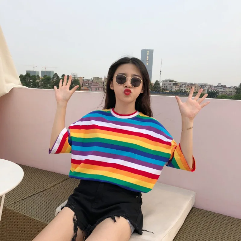 T Shirt Women Rainbow Striped Tops Harajuku Tshirt  Summer Short Sleeve Korean Punk T-shirt camiseta feminina топ image 4