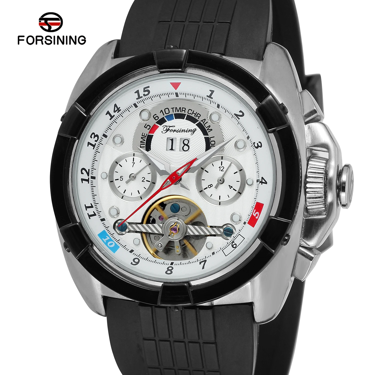 FORSINING Top Brand Men Auto Mechanical Watch Silicone Round Date Multifunction Tourbillon Sub-dials Military Sport Wristwatches