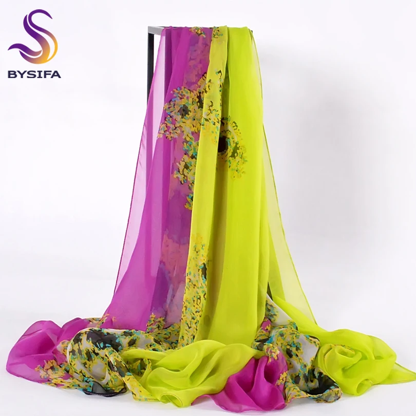 

[BYSIFA] Scarves Fashion Woman 100% Mulberry Silk Chiffon Long Scarves 180*110cm Sky Blue Yellow Silk Scarf Shawl Wraps Bufandas