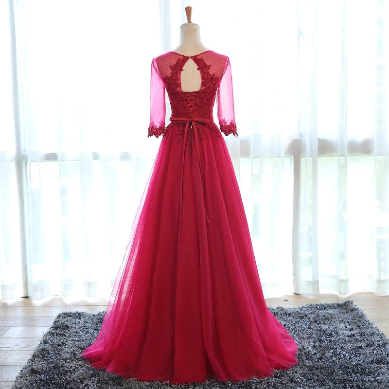 Robe de soirée longue rose pour Banquet, col rond, demi-manches, dentelle transparente, ligne a, broderie, nouvelle collection, 2017