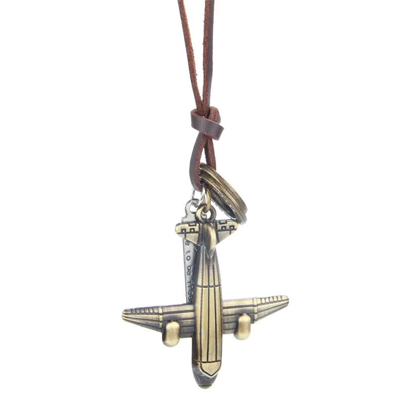 NIUYITID Antique Bronze Aircraft Plane Necklace & Pendants Men Women Handmade Genuine Leather Neclace Collar