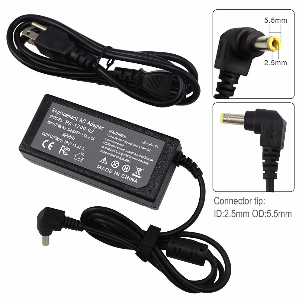 Cargador adaptador de CA de 19v y 3,42 a para Toshiba Satellite C55, C55-A5302, C55-A5308, C55-A5309, C655-S5512, C655-S5514, C675, C855-S5214, L30
