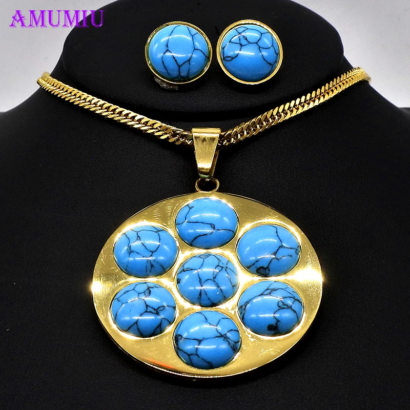 

AMUMIU Blue Ball Top Quality Exquisite Women Wedding Necklace Earrings Pendant Jewelry Set JS065B