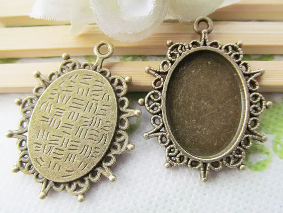 20pcs Antique bronze Heavy Oval Lace Border Base Setting Tray Bezel Pendant Charm,Fit 18mmx25mm Cameo