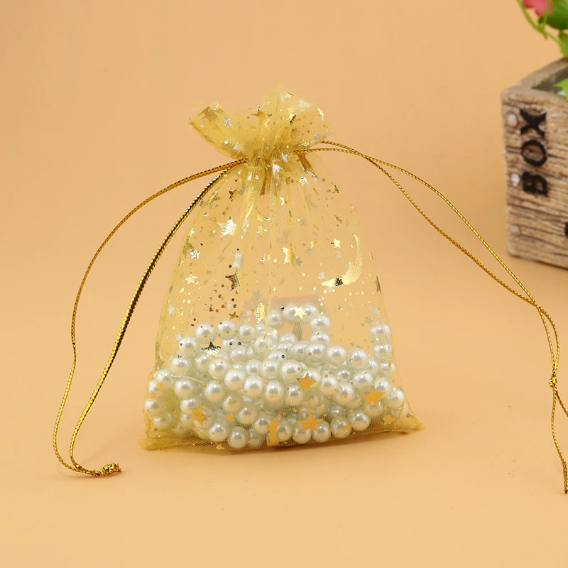 

500pcs/lot 9x12cm Drawable Gold Organza Bags Moon Star Christmas Gift Bag Charms Sachet Jewelry Packaging Bags & Pouches