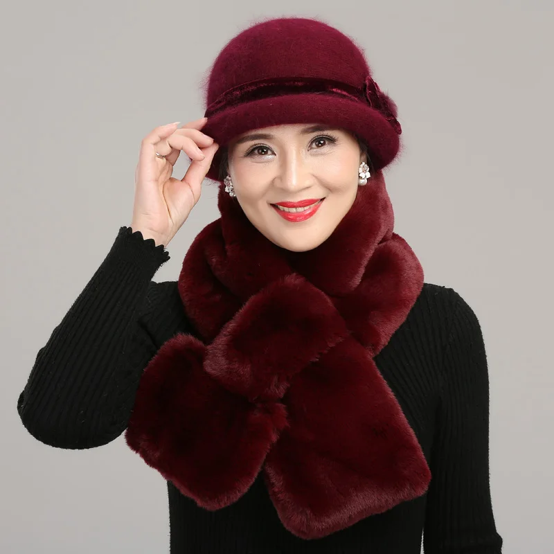 Women Winter Knitted Wool Basin Hat Female Thickened Warm Fisherman Cap Lady Velvet Elegant Scarf for Middle-aged Mother H7158