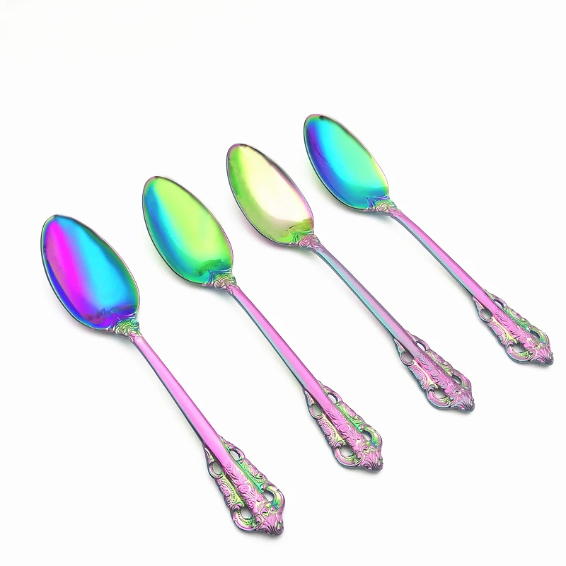 Dessert Spoons Serving Scoop Hollow Out Ladle Stainless Steel Spoon Rainbow Dipper Dinnerware Set Big Size Colorful Cutlery 4pcs