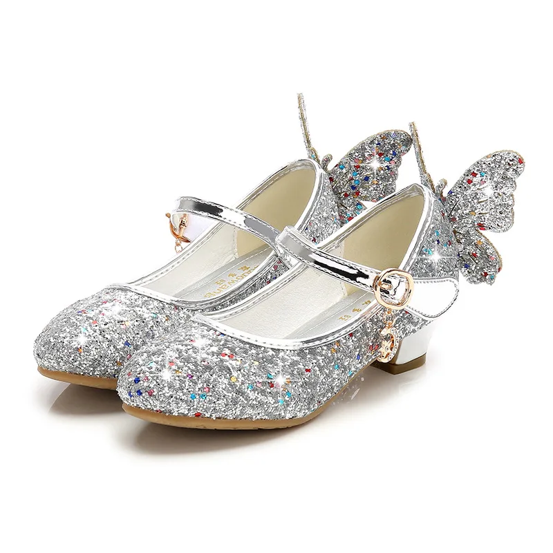 Zapatos para niños ULKNN zapatos de cristal de rendimiento para bebés zapatos azules de lentejuelas para niñas tacones altos zapatos de princesa