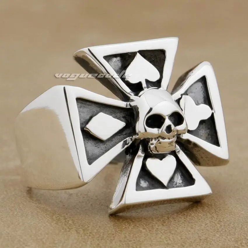 

925 Sterling Silver Spade Cross Skull Mens Biker Rocker Punk Ring 9G009 US Size 7 to 15