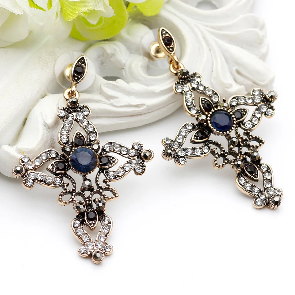 Religious Jewelry Vintage Cross Earrings Women Antique Gold Color Round Resin Dangle Earring Hollow Flower Ethnic Retro Earring