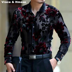 Exquisito vestido de seda de flores para hombre, camisa de manga larga, informal, de terciopelo de calidad, transparente, de fácil cuidado, a la moda, Verano