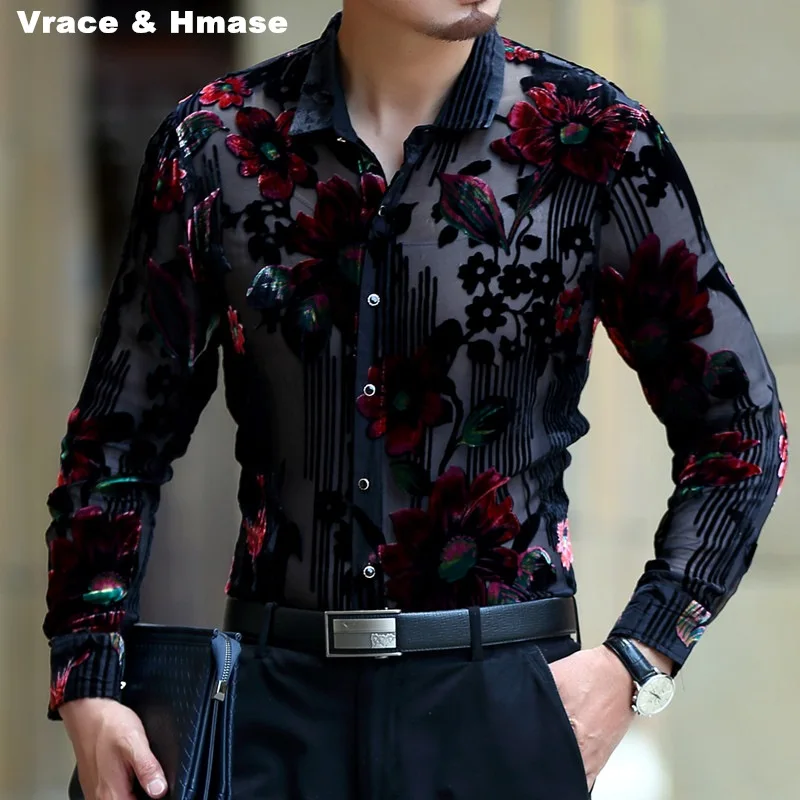 Exquisite Flower Silk Dress Men Shirt Long Sleeve Fashion Casual Summer Quality Velvet Transparent Easy Care Silky Chemise Homme