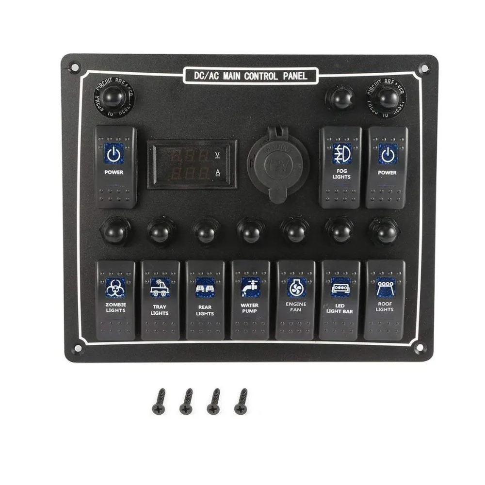 10 Gang Waterproof Car Auto Boat Marine LED AC/DC Rocker Switch Panel Dual Power Control Overload Protection 15A DC Output