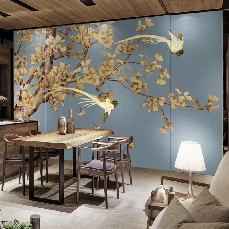 

wellyu Chinese style hand-painted retro ginkgo TV background wall painting custom large mural green silk cloth wallpaper