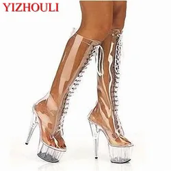 17 cm front with high heels sexy transparent fun women's shoes, very popular 7 inch high fashion sexy high boots