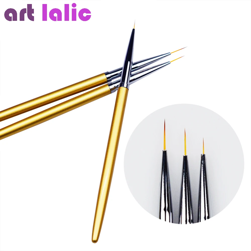 

3Pcs Nail Art 5/7/11mm Gold Metal Liner Brushes For Manicure Flower Grid Stripe Wide Line Star Geometry Drawing Painting Pen Kit