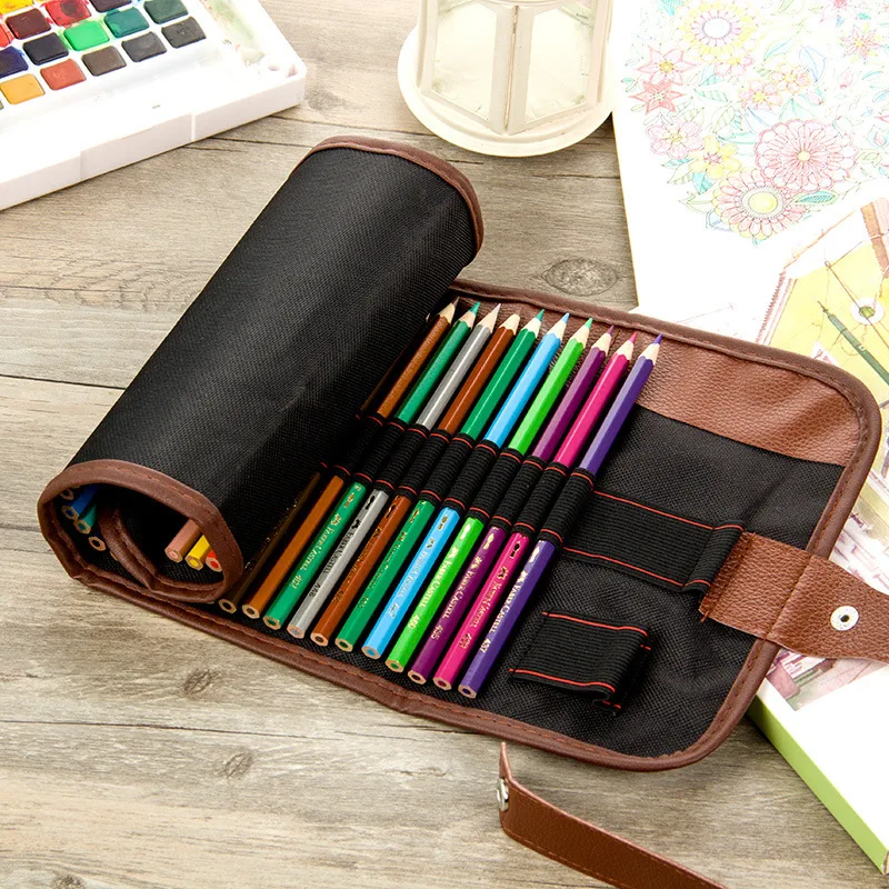 Semplice e portatile 24/36/48 Fori di Cuoio DELL\'UNITÀ di elaborazione Della Cassa di Matita Rotolo di Tela Del Sacchetto Pencilcase Schizzo A Penna