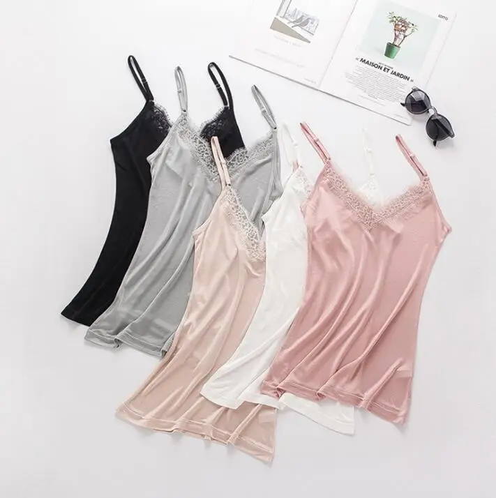1pc 50% Silk 50% Viscose V neck Lace Camisole Top Vest Shirt Sleepwear Spaghetti Strap M-2XL TA005