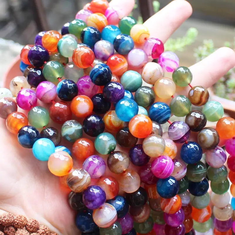 Faceted 12mm Multi-Color Stripe agates Round Loose Beads 15