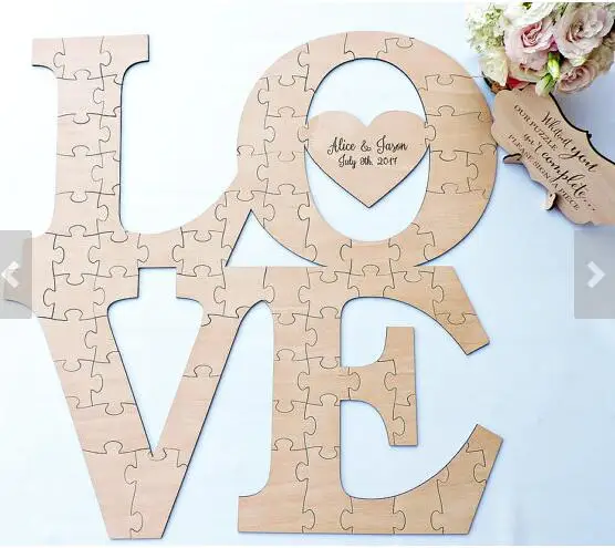 custom LOVE rustic puzzle wedding day guest books Alternative hearts Wooden guestbooks Reception party favors