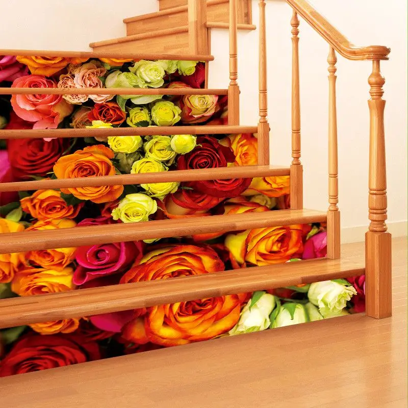 ZUCZUG 6pcs Waterproof Stairway Stickers Flowers Series DIY Staircase Floor Wall Decor Removable Home Decoration 3D Sticker Rose