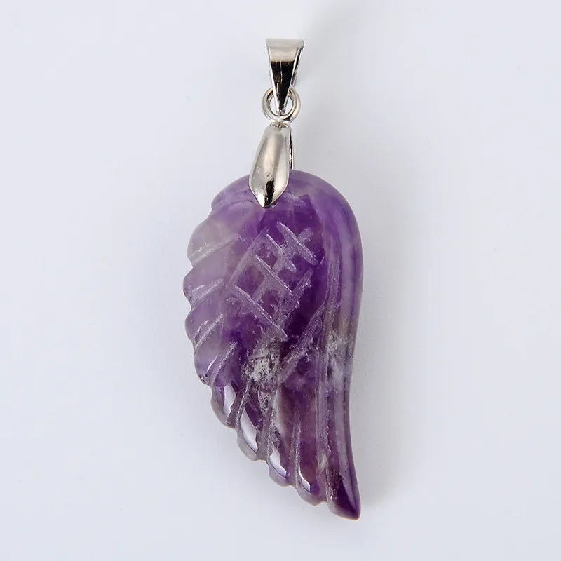 New 1Pc Natural Stone Amethysts Rose Pink Clear Quartz Opal Aventurine Fluorite Bead Carved Angel Wings Feather Pendant Jewelry