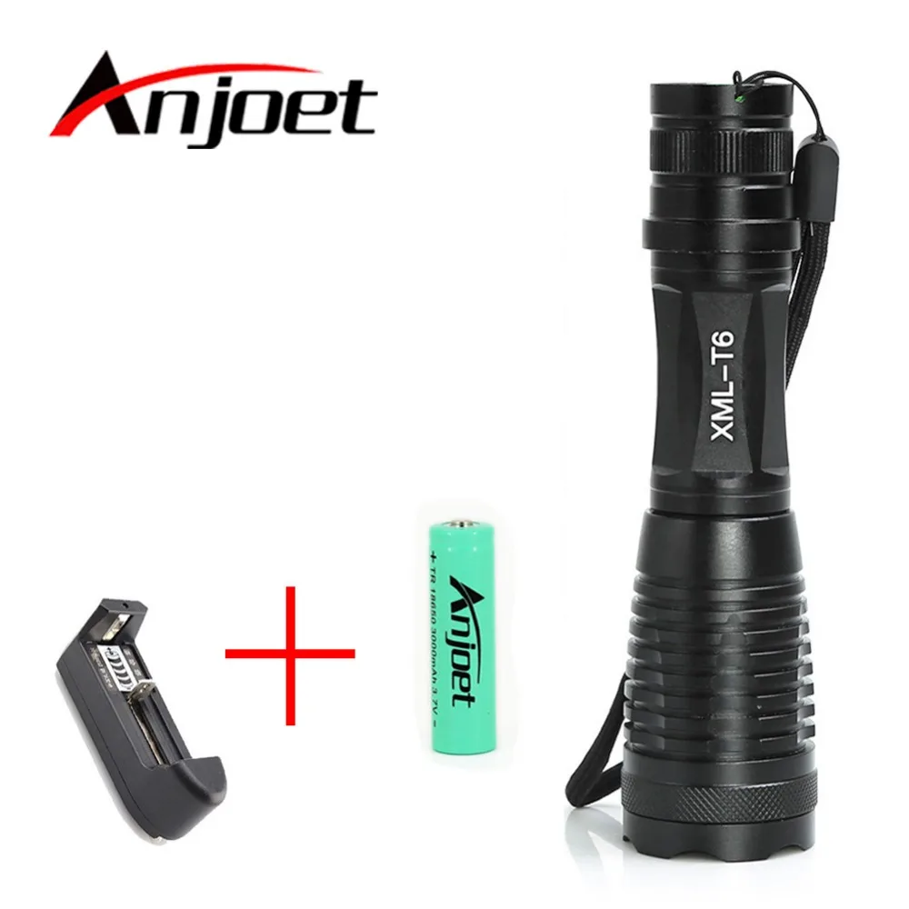 Anjoet E6 High Quality Tactical Flashlight XML-T6 LED 5 modes Zoomable hunting lanterna Torch Flash Light +18650 Battery Charger