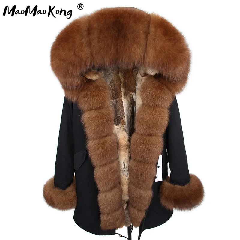 

2020 MaoMaoKong Natural real Rabbit Fur liner women parkas natural fox fur Hooded winter Jacke coat long fur Parka outerwear