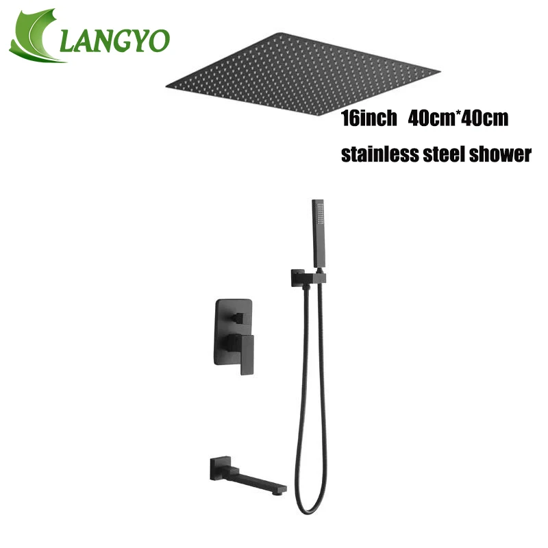 

LANGYO Brass Square Black Shower Set Bathroom 16inch Rain Shower Head Faucet Ceiling Shower Arm Diverter Mixer Handheld Shower