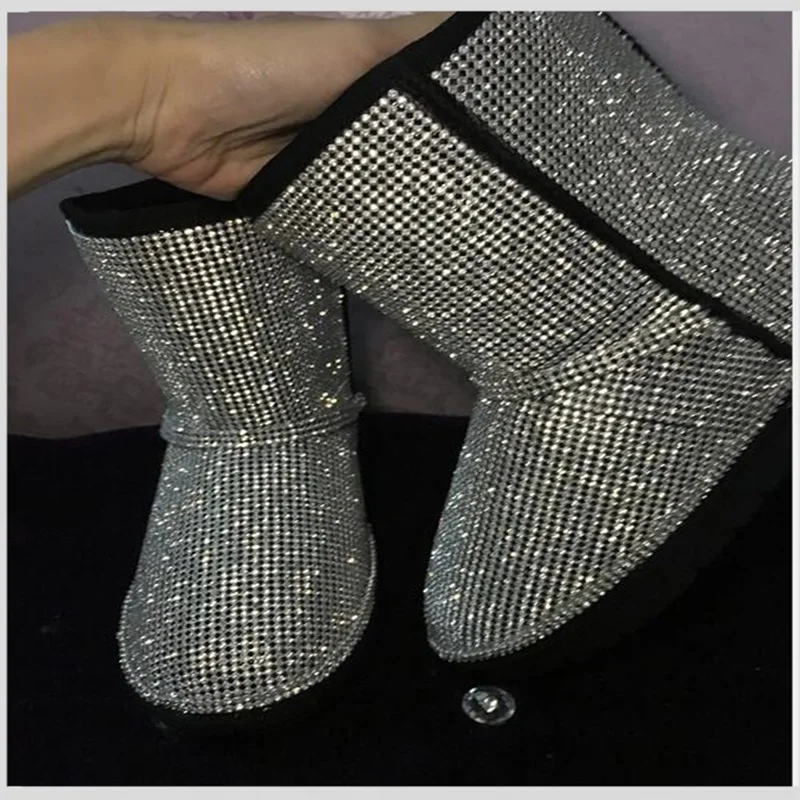 Bling Bling Rhinestone Snow Boots Black Leather Crystal Ankle Boots Slip-on Rubber Sole Winter Short Boots Drop Ship