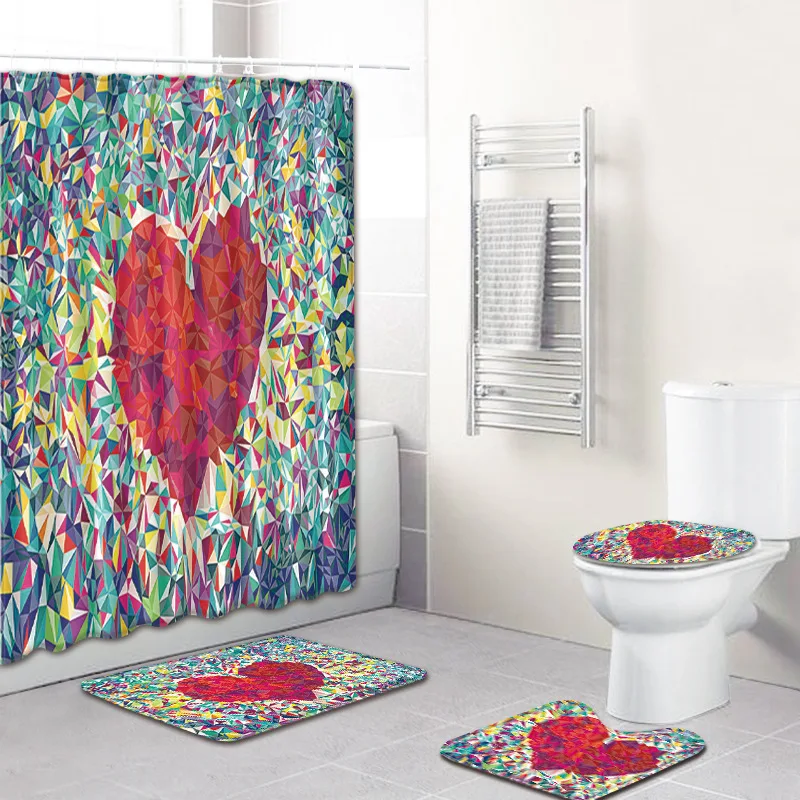 

Couple Heart Bathroom Curtain Waterproof Fabric Shower Curtain Carpet Toilet Mat for Bathroom 4 Pieces Set