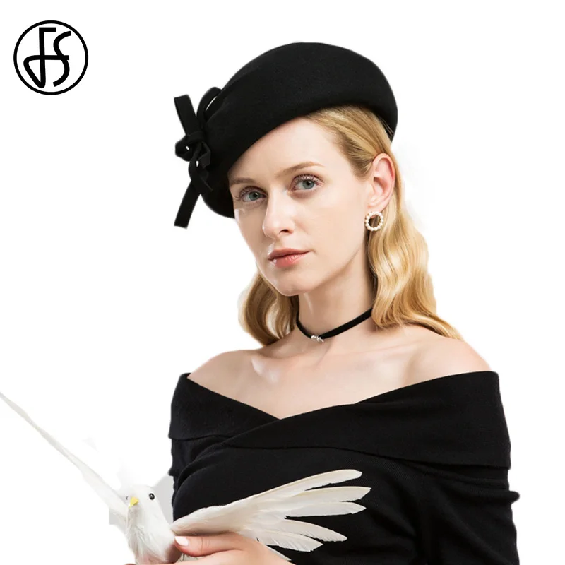 FS Women Black Wool Felt Fedoras Ladies Wedding Elegant Church Fascinator Bowknot Cocktail Derby Cap Vintage Pillbox Millinery