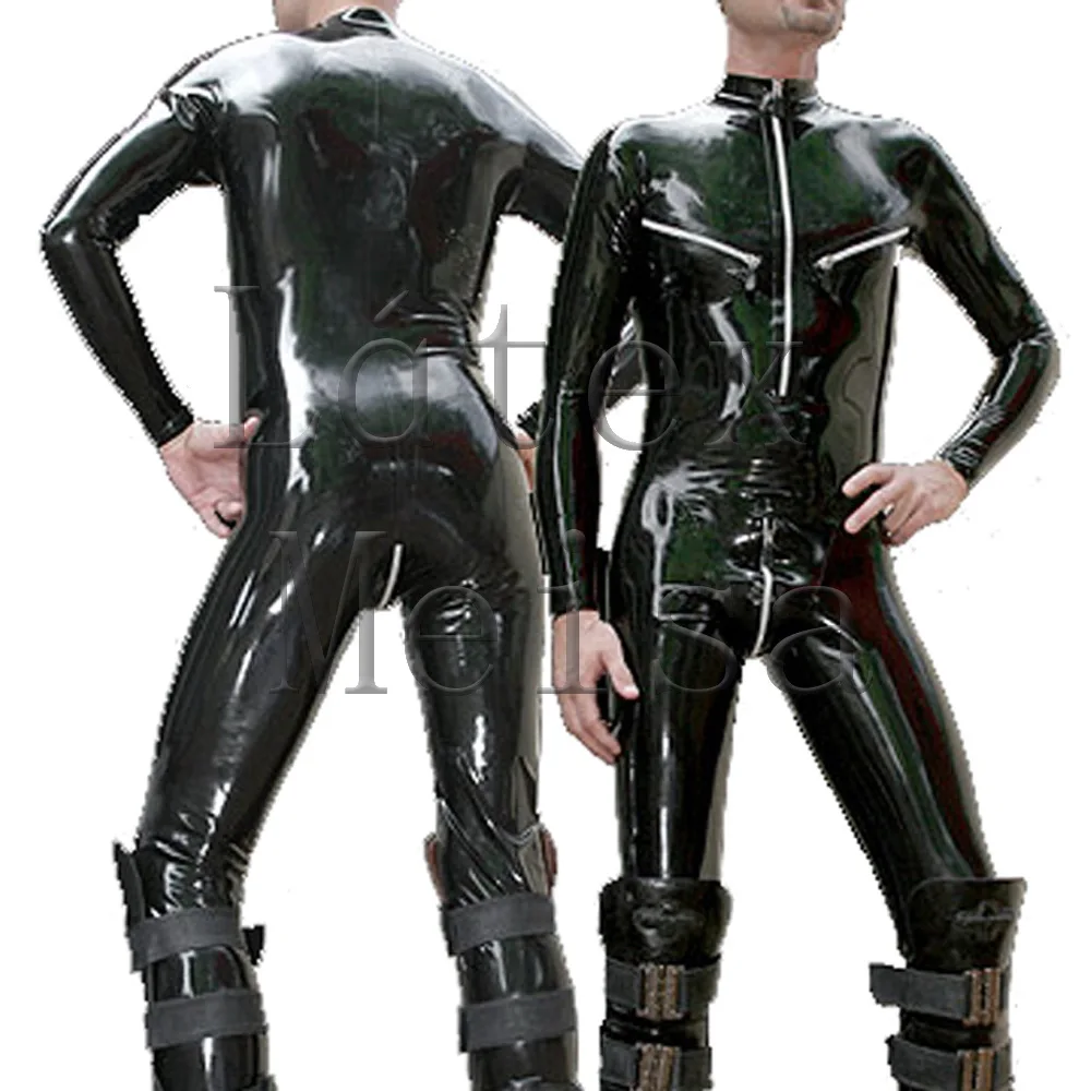 Latex zentai mannen jumpsuit bevestigd 3 ritsen (borst, schouder en kruis) uitsluiten sokken in zwarte kleur