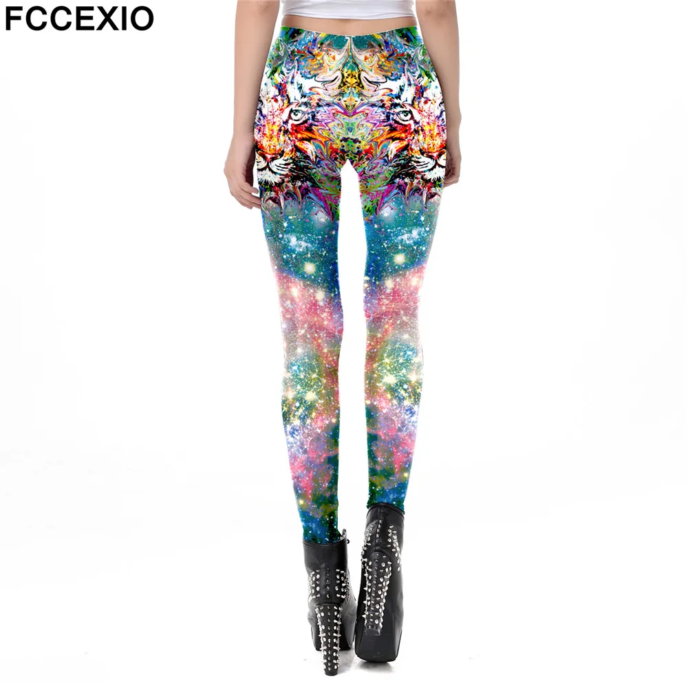 FCCEXIO nowe damskie legginsy damskie Galaxy Tiger Head wydrukowano trening Legging kolorowe Fitness leginsy moda 3D spodnie