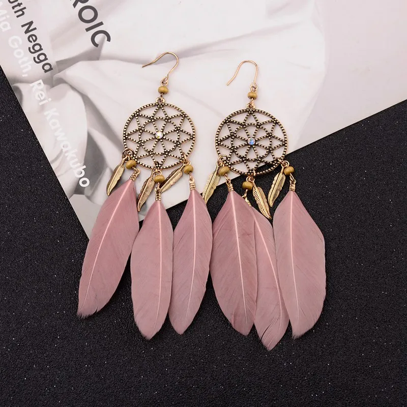 Pendientes de plumas bohemias para mujer, aretes colgantes con borla de hojas y atrapasueños, Estilo Vintage, color rosa, 2020
