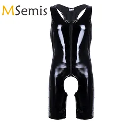 Mens One Piece Crotchless Singlet Bodysuit Leotard Wetlook Patent Leather Lingerie Sleeveless Latex Catsuit Bodysuit Costumes