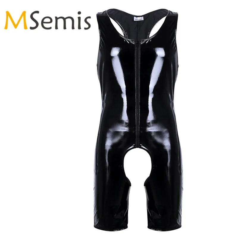 Mens One Piece Crotchless Singlet Bodysuit Leotard Wetlook Patent Leather Lingerie Sleeveless Latex Catsuit Bodysuit Costumes