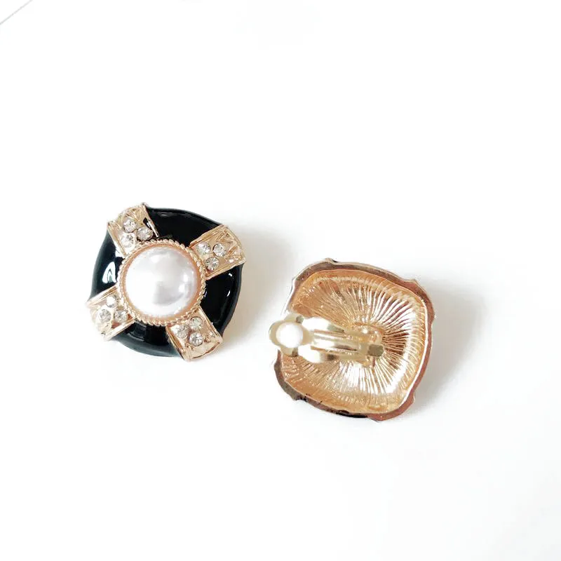 New Square Alloy Black Enamel Crystal Elegant Sweet Pearl Clip Earrings