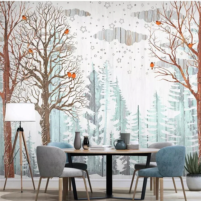 

wellyu Nordic forest woods pine forest bird wood grain wood TV background wall custom large mural green wallpaper