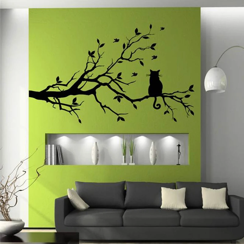 Cat On Tree Branch Birds Vinyl Wall Sticker Wall Art Decorative Stickers,Glass Window Sticker Kitchen Wall Stickers Home Decor